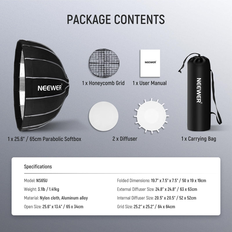 NEEWER 25.6"/65cm Softbox Parabolic Hexadecagon, Quick Setup/Fold Like Umbrella with Bowens Mount, Metal Beauty Dish/Diffusers/Grid/Bag for CB200B CB60 MS60B MS60C Compatible with Aputure Godox, NS65U