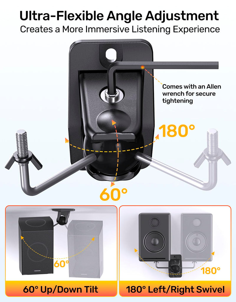 Surround Sound Satellite Speaker Ceiling Wall Mount, Swivel & Tilt, 2-Pack | Max 11 lbs Load, Fits M4/M5, 1/4-20 Mounting, 360° Rotatable Ball Joint, for Samsung Q990D Q990F, Roku and More Rear Speakers