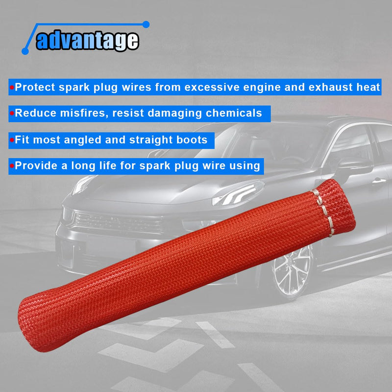 8PCS Spark Plug Wire Heat Shield Sleeve, 1500° Spark Plug Wire Cover Wrap for SBC BBC 350 454, 6 Inch Spark Plug Boot Protector Sleeve, Universal Sleeve Cover Replacement for Most Cars (Red) Red