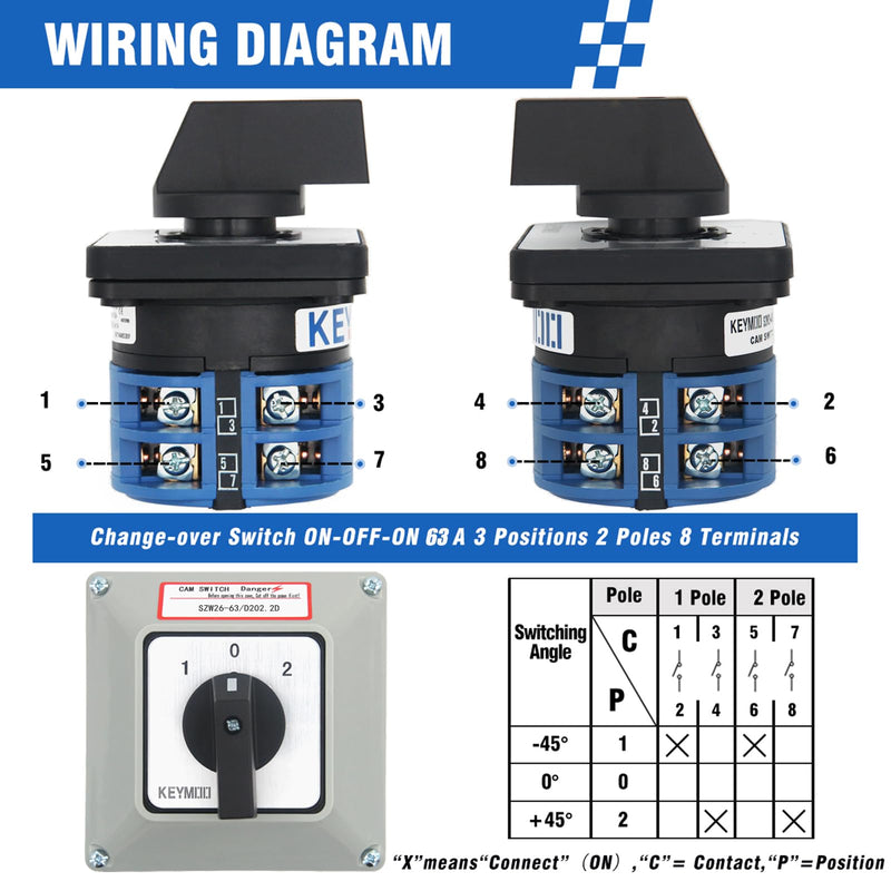 63A Rotary Changeover Switch with Master Switch Exterior Box, 660V 3 Position 2 Phase 8 Terminals Universal Selector Switch SZW26-63/D202.2D IP65