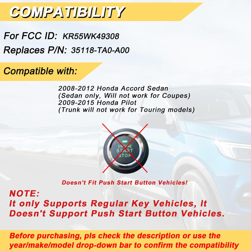 Key Fob Replacement for 2008-2012 Honda Accord Sedan(Not Coupes)/ 2009-2015 Pilot Car Keyless Entry Remote Control,KR55WK49308 35118-TA0-A00,4 Btns,2Pcs