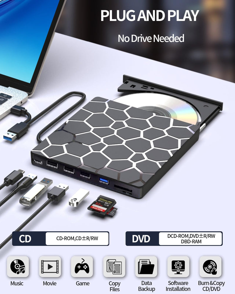 8 in 1 External CD DVD Drive, USB 3.0 and Type-C Disc Reader Burner Player | Optical Drive for PC Laptop Desktop MacBook Mac Windows Linux OS Apple