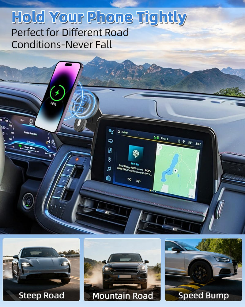 PZK Magnetic Car Phone Mount for 2021-2024 Chevy Tahoe/Suburban/GMC Yukon | 10.2-inch Screen Magsafe 15W Fast Wireless Charger Car Phone Holder LT/Z71/RST/High Country 360° Rotation Hands-Free Stand Tahoe/Suburban/GMC Yukon/GMC Yukon XL 2021-2024