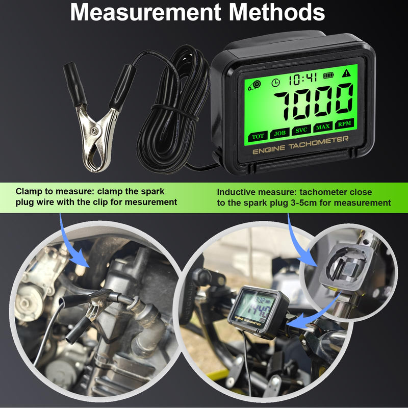 Small Engine Tachometer, Digital Tachometer Tach Gauge with Clip, Inductive Hour Meter Battery Replacement for Gas Small Engine Cropper Generator Lawn Mower RV Chainsaws Outboard Motor