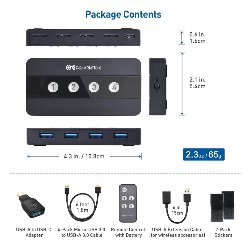 Cable Matters 4 Port USB 3.0 Switch USB Sharing Switch for 4 Computers and USBA Peripherals - Button or Wireless Remote Control Switching - Includes a USBC Adapter for USBC USB4 and Thunderbolt 4