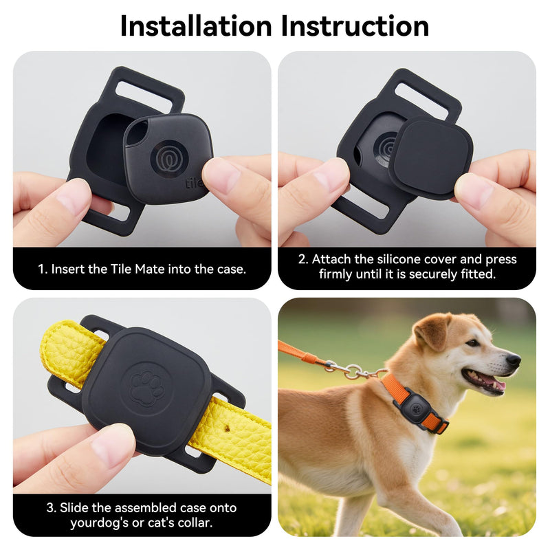 DDJ 2-Pack Waterproof Dog Collar Holder for Tile Mate Tracker, Durable Silicone Life360 Tile Case for Cat &Pet Collars Without Shaking, Anti-Lost Full Body for Tile Cover, Easy to Install, Black