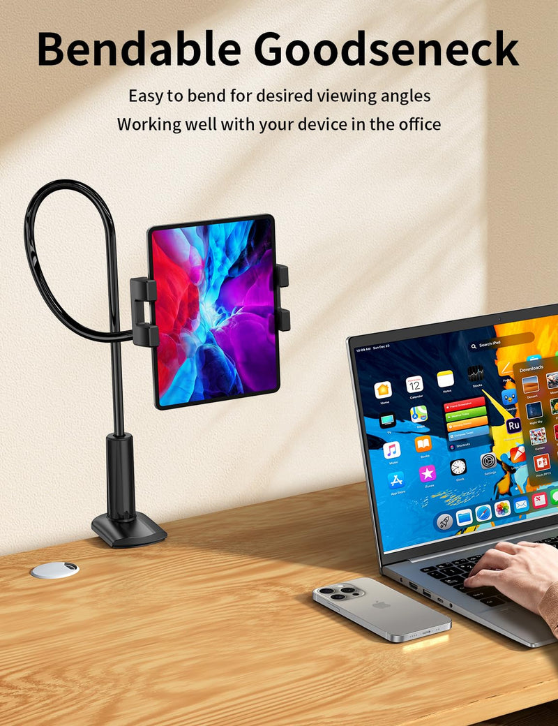 Gooseneck Tablet Holder for Bed, Adjustable ipad Stand with Long Arm | 360° Adjustable, Hands Free Tablet Mount Clip, Compatible with iPad/Mini/Galaxy Tabs/Kindle/Switch or More 4.7-12.9" Devices