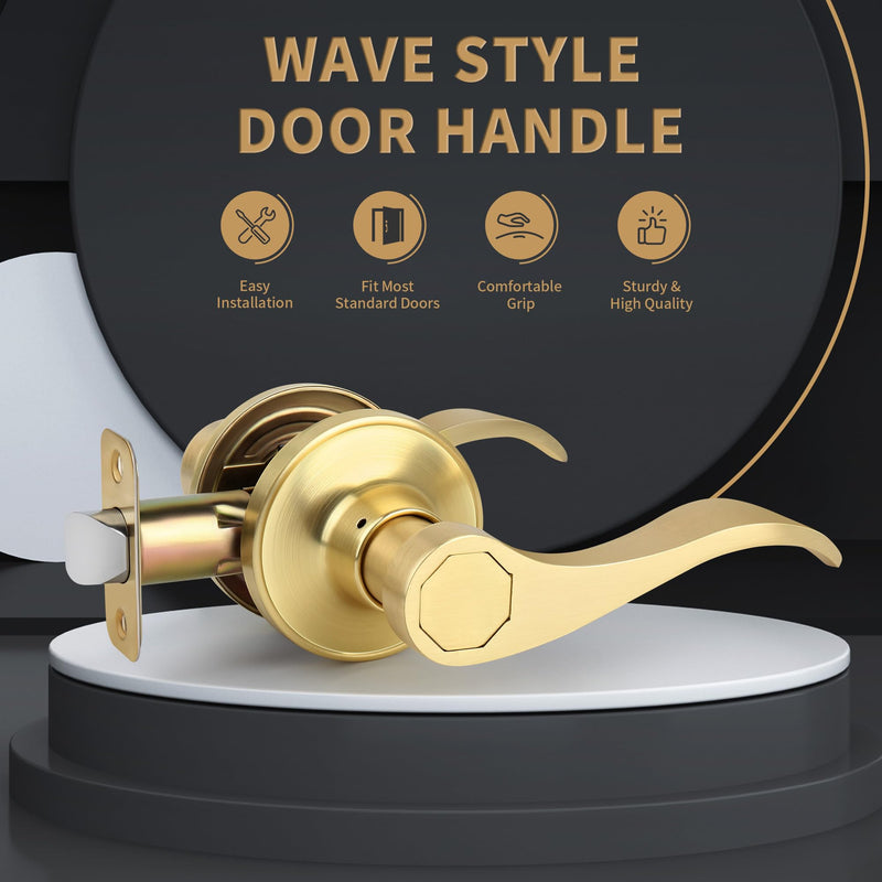 Brushed Gold Wave Style Passage Door Handle Without Keys, Non-Locking Door Lever for Hallway/Closet in Satin Brass Finish, No Lock Reversible Lever for Left/Right Doors 1 Pack Passage {Without Lock&Keys}