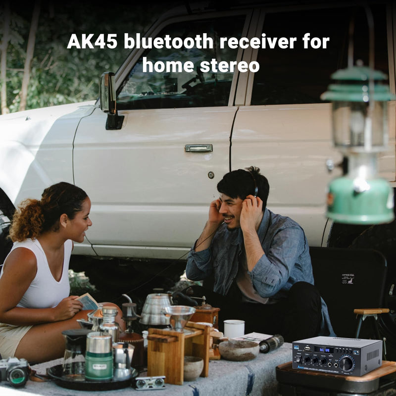 Bluetooth Stereo Receiver &Home Audio Amplifier, 300Wx2 2-Channel for Home Theater & Bookshelf Speakers, w/FM Radio Karaoke, w/USB/SD/RCA/MIC/FM in, with Remote Control, for Garage Bar Party