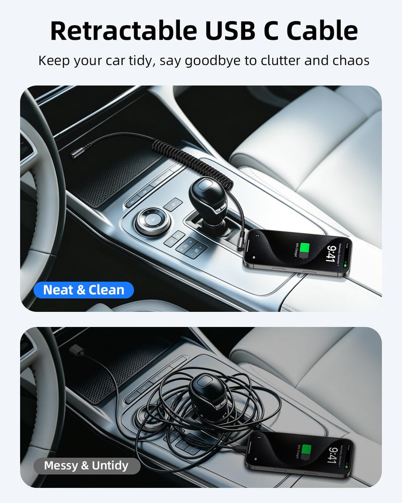 Short Right Angle Coiled USB A to USB C Cable 0.6ft-1ft 2 Pack, for Car | Stretchable USB C 90 Degree Cable, 3A Fast Charging, For CarPlay, Android Auto, iPhone 17 16, Power Bank, USB-C Devices Black 1FT
