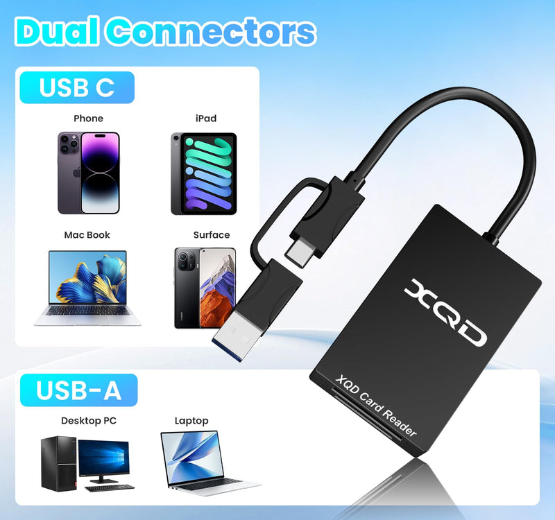 XQD Card Reader, 2-in-1 USB-C&USB-A 5Gbps USB 3.0 XQD/SD Memory Card Reader | Dual slot Adapter, for Sony G/M Series, Lexar 2933x/1400x, iPhone 17/16/15, iPad, Laptop, Windows, Mac OS, Android, Plug＆Play