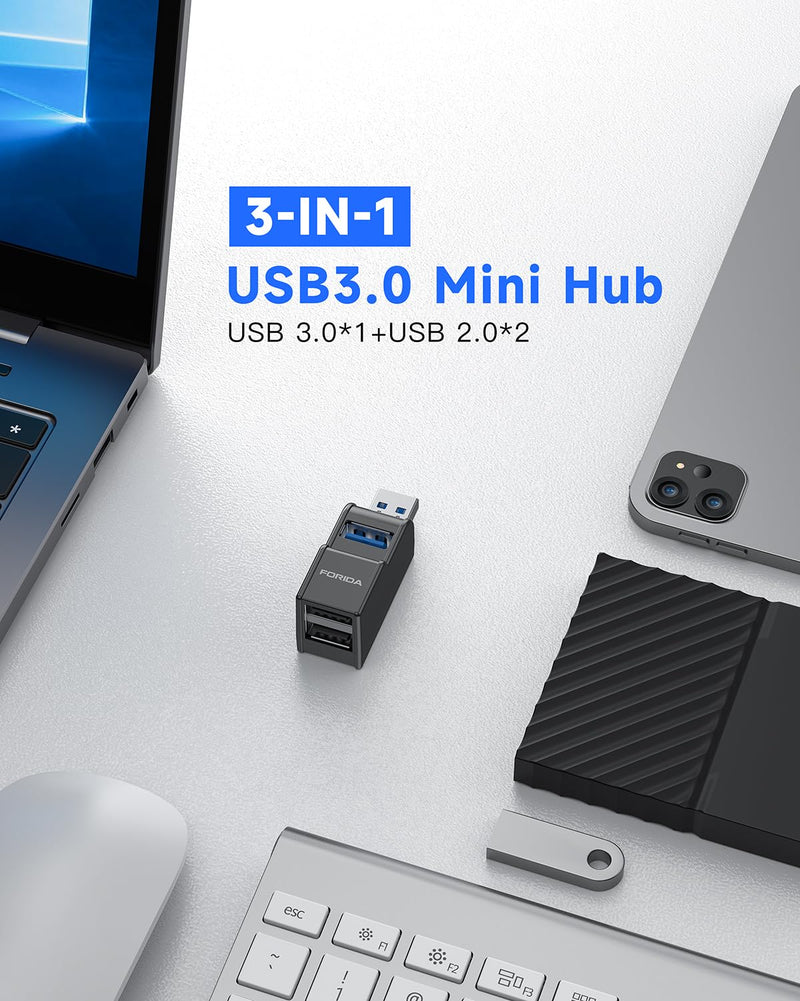 FORIDA 3 Ports USB Adapter, USB Hub with USB 3.0 and Double USB Adapter, Portable USB Splitter 1 in 3 Out for Keyborad, Mobile Hard Disk, U Disk, Camera, Mouse etc (Black) Black