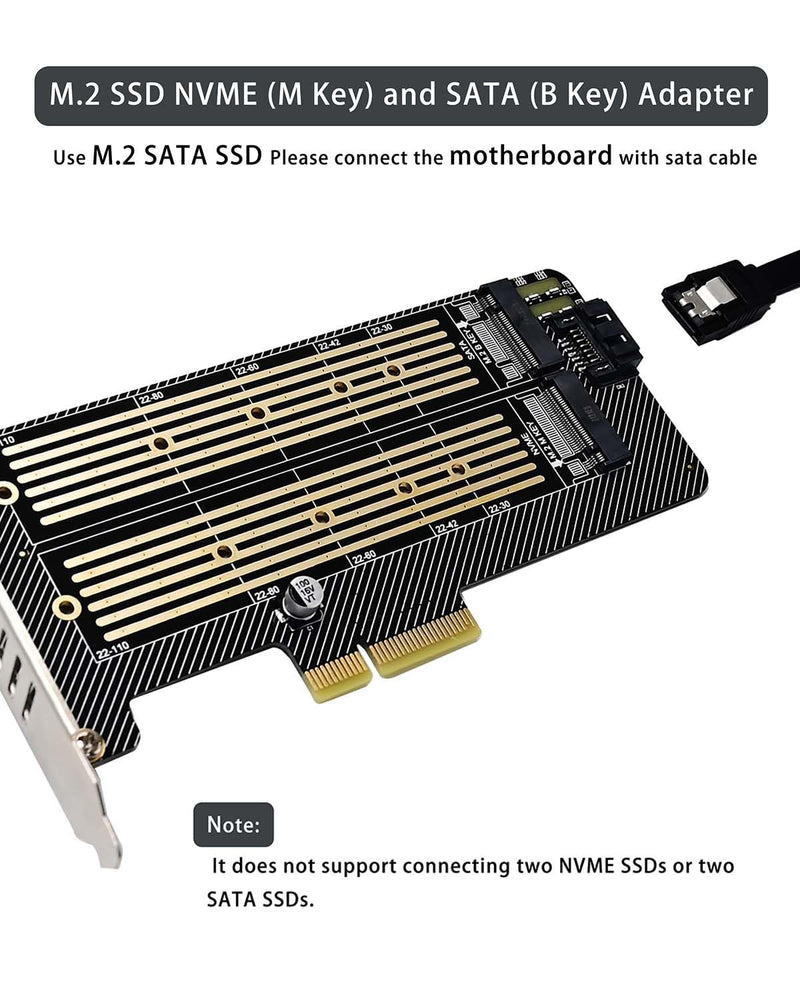 COMeap Dual M.2 PCIE Adapter，M.2 SSD NVME (M Key) and SATA (B Key) Adapter with Heatsink for One M.2 NVMe and One SATA SSD 22110/2280/2260/2242/2230 to PCI-e 3.0 x4 Host Controller Expansion Card