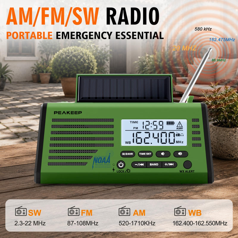 Peakeep Emergency Radio NOAA Weather Alert Battery Solar Crank Powered | AM FM SW Portable Radio , Rechargeable Battery 18500mWh, SOS Flashlight Lamp for Home Car Camping Storms Blackouts Prep Green with Black