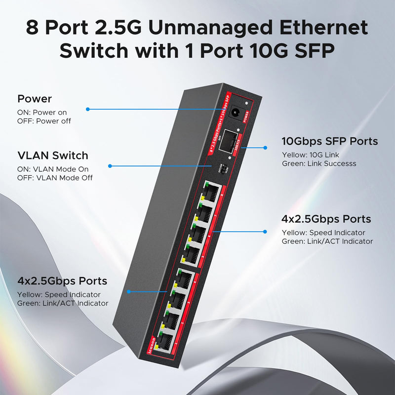 8 Port 2.5G Ethernet Switch with 1*10G SFP+ Slot, 9 Ports 2.5Gb Network Swithes and 1-10Gb Multi Speed, 60Gbps Switching Capacity, One Key VLAN| Plug & Play |Fanless |Metal |Wall Mount 9-Port| 8*2.5G+1*10G SFP