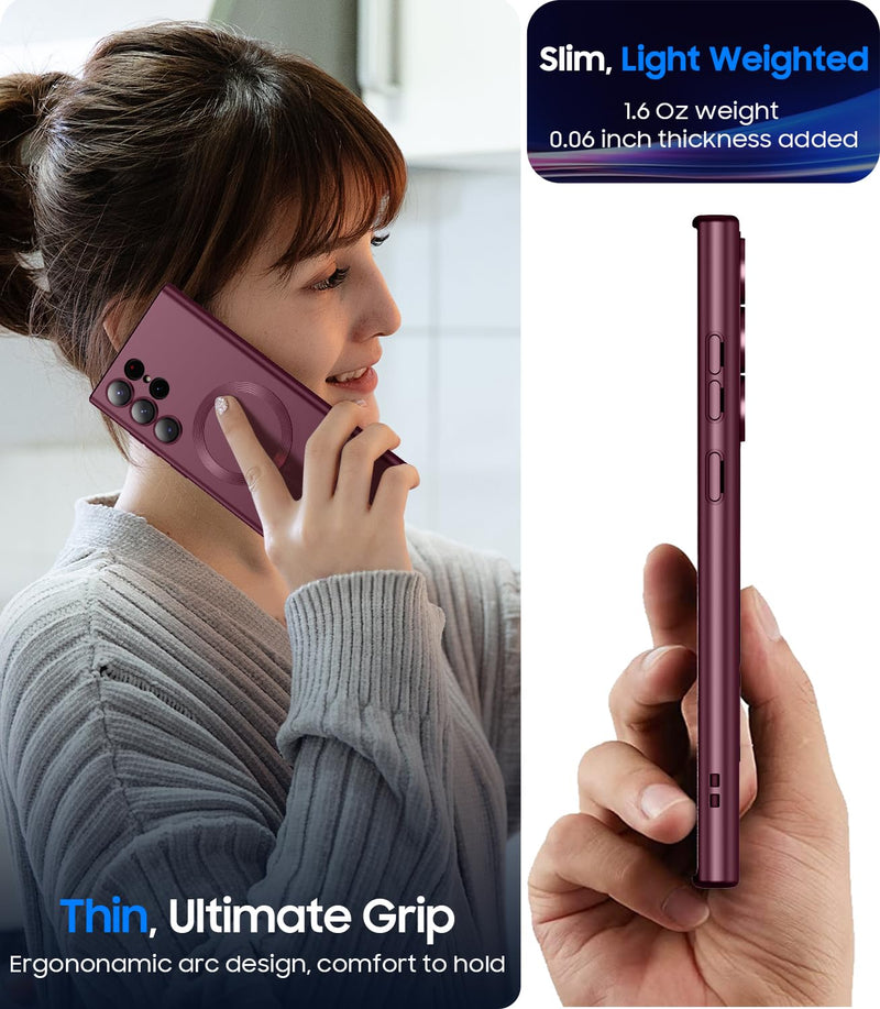 LEKEVO Magnetic for Samsung Galaxy S24 Ultra Case [Compatible with MagSafe][Built-in Camera Lens Protector] Slim Soft Silicone Bumper Shockproof Metallic Luster Phone Case (Burgundy) Burgundy