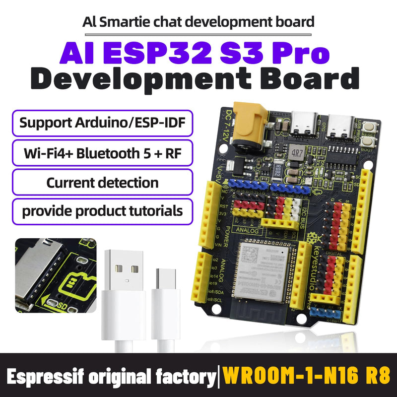 KEYESTUDIO ESP32-S3 PRO Development Board 16MB Flash 8MB PSRAM MicroSD Slot 1.5A GPIO Breakout Dual Type-C, Tutorials for IoT, AI & STEM Education