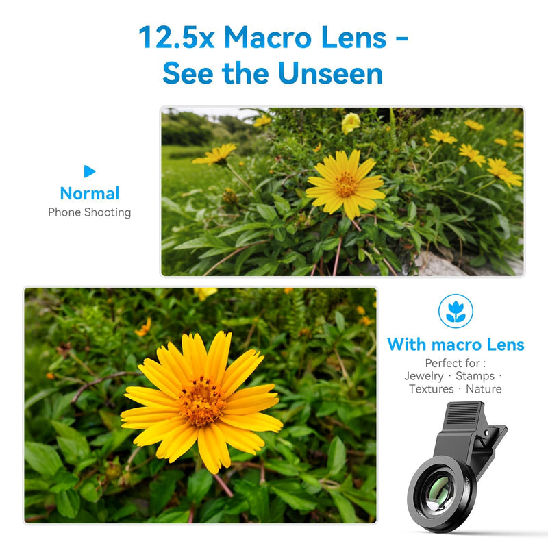 APEXEL 0.45x Wide Angle & 12.5X Macro Lens, Clip-On Phone Camera Kit | for iPhone & Android – Perfect for Selfies, Travel, and Close-Ups