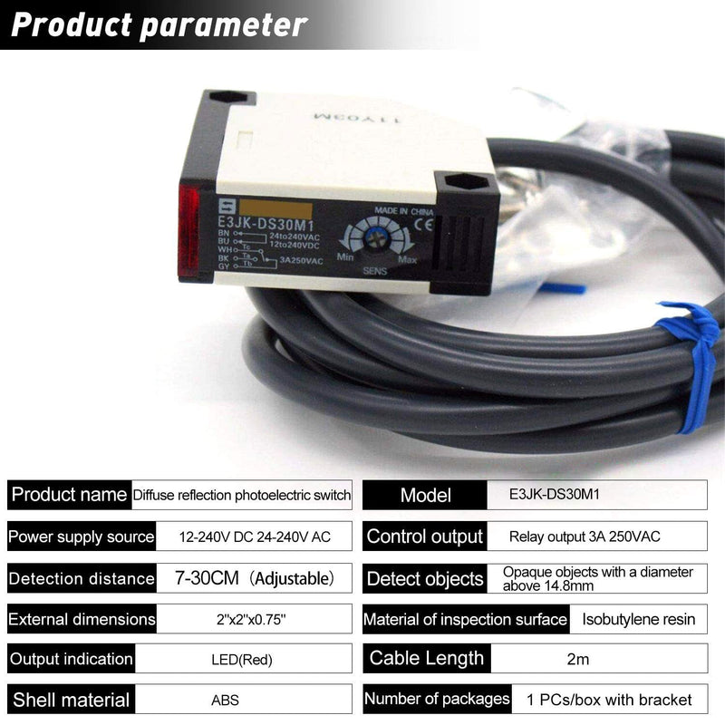 Taiss Photoelectric Beam Sensor Switch 30cm Detection Distance Diffuse Reflection Infrared Switch photoelectric Switch Sensor 12-240VDC 24-240VAC Proximity Switch E3JK-DS30M1 Detection distance: 30cm