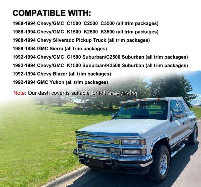 Yiz Dash Cover Mat Fit for Chevy Chevrolet Silverado/GMC Sierra C1500 C2500 C3500 K1500 K2500 K3500 Pickup Truck 1988-1994, 1992-94 GMC Yukon/Chevy Blazer Suburban Dashboard Pad Carpet (88-94 Blue)Y25 88-94 NavyBlue