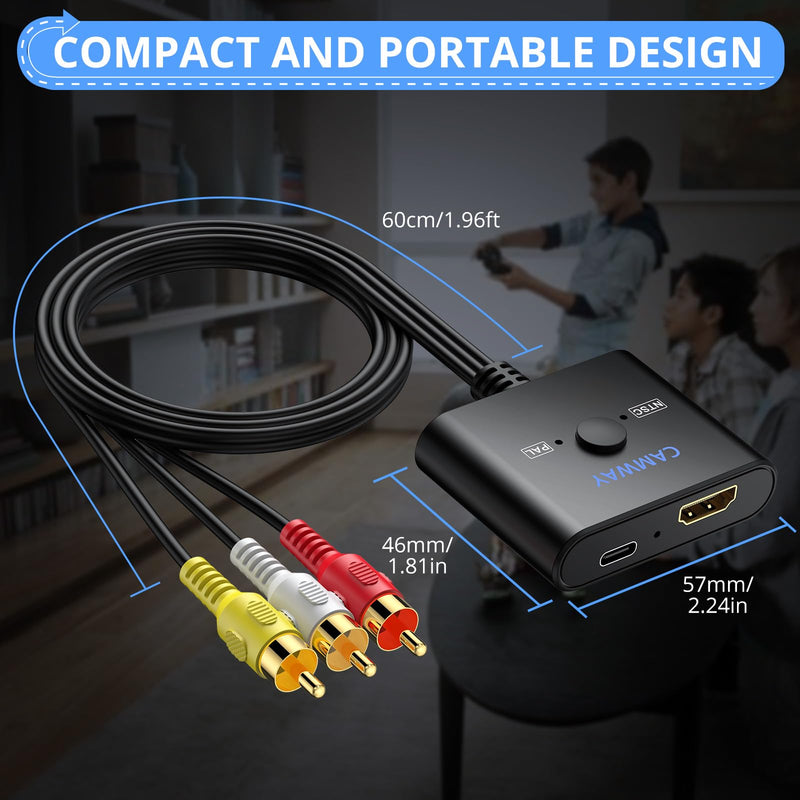 CAMWAY HDMI to RCA Converter for Fire Stick,Roku,Chromecast,Old TV with RCA | NTSC/PAL 1080P HDMI to AV Integrated Cable,Plug & Play Adapter, Watch Net-flix,You-Tube Videos on Older TVs/Monitor/Projector