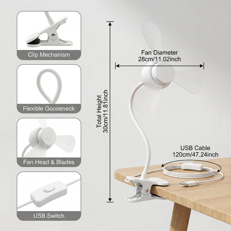 Clip-on USB Powered Fan and LED Lamp Combo, White, 360° Adjustable Flexible Gooseneck, 3000K, Quiet Operation, for Reading, Painting, and Sewing