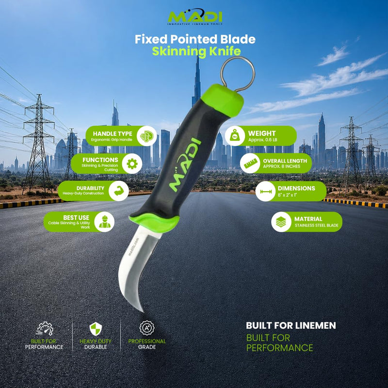 MADI FBSK-1 Fixed Blade Skinning Knife – Pointed Utility Blade for Linemen, Electrical & Utility Work