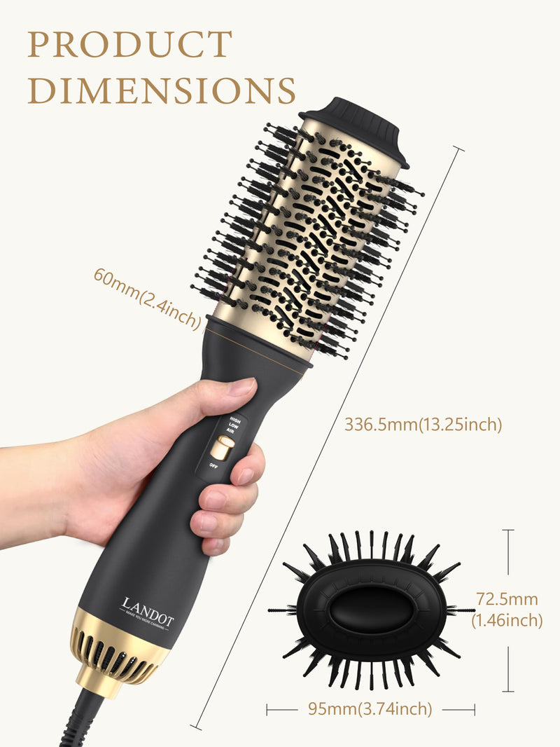 LANDOT Hair Dryer Brush, Hot Air Styler Volumiser, 60mm Oval Blowout Brush | Ionic Blowdry Brush for Drying Smoothing and Volumizing, Anti-frizz Ceramic Titanium Barrel, 3 Heat & 2 Speed, All Hair Types Black/Gold