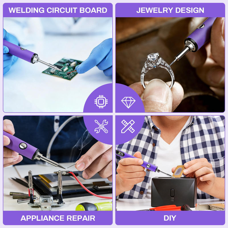 510 Thread Battery Cart Pen, W/Welding Pen Portable Electric Soldering Iron Kit, Adjustable Voltage USB Rechargeable, with 650mAh Battery for Home Appliance Electronics Repair Purple
