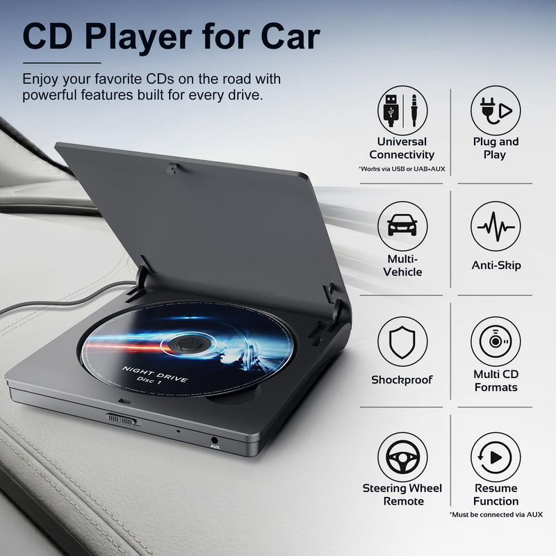 External CD Player for Car, USB/AUX Connection, Universal Compatibility | Portable, Anti-Skip, Shockproof, Vehicles, Resume, Steering-Wheel Remote, Compact Design, Hidden Cable, Plug & Play