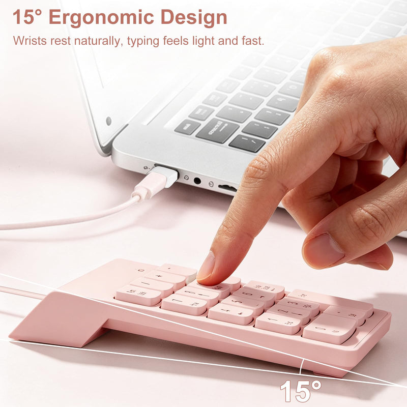 NOOX Wired Number Pad with USB to USB-C Adapter, Pink | Numeric Keypad 18 Keys, Portable Financial Number Keyboard, 10 Key USB Keypad for Laptop, Desktop, Surface Pro, Notebook
