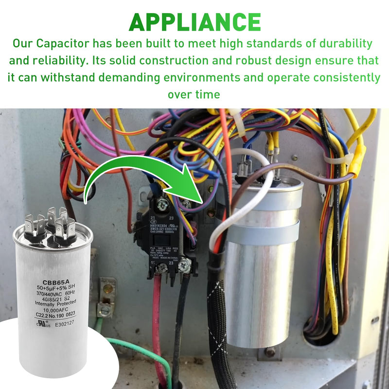3100248.487 CBB65A Capacitor - 50 + 5uF 370/440VAC 60Hz 10,000AFC Dual Run Circular Start for United States Standard AC Motors, Heat Pumps, Air Conditioning and RV Camper A/C