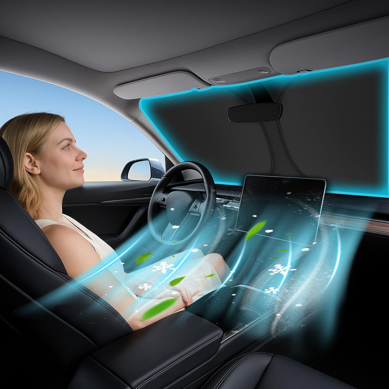 Windshield Sunshade for Tesla Model 3 and Model Y 2017-2025 - Innovative No-Light-Pass Technology, Mirror Cut-Out, Blocks 99% UV Rays, Fade-Resistant, Easy-Fold Model 3 Model Y Windshield Sun Shade fits Tesla Model 3/Y (2017 - 2025)
