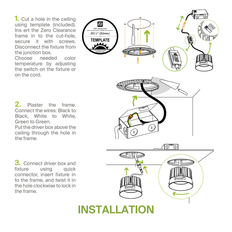 ASD Trimless 3 Inch LED Recessed Light, 12W 120V Round Commercial Downlight, Canless Dimmable Lights for Ceiling with J-Box, 5 CCT 2700K-5000K, CRI 90+, IC Rated, ETL, Energy Star, White Round 1 Pack 3" 12 Watt