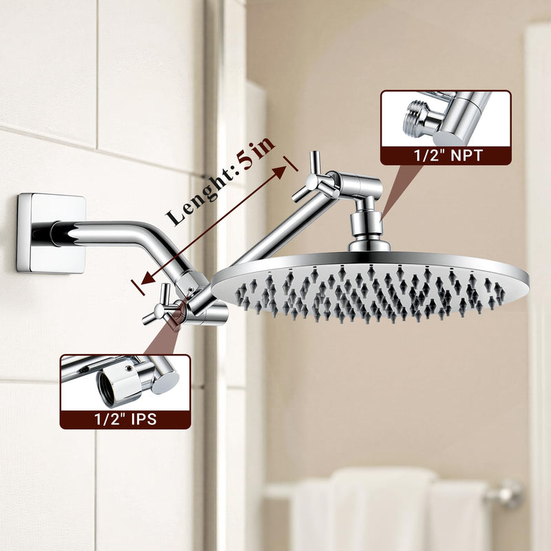 Brass 5 Inch Shower Head Extension Arm for Rain and Handheld Shower Head, Height & Angle Adjustable, Compatible with G1/2 Universal Connector | Easy to Install, Built to Last, Angle and Height Adjustable, Universal Fit Chrome 5 Inches