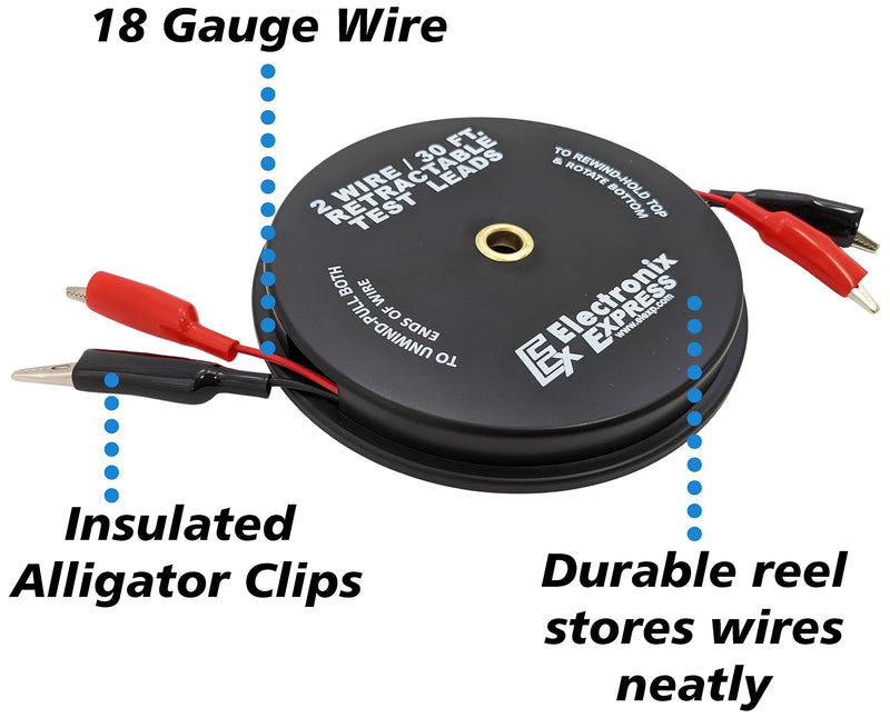 2 Wire 30 Foot Retractable Test Leads, Red and Black 18 Gauge Wire with Alligator Clips on Each End, Ideal for Electrical Troubleshooting Cars, Trailers, Boats - EX ELECTRONIX EXPRESS