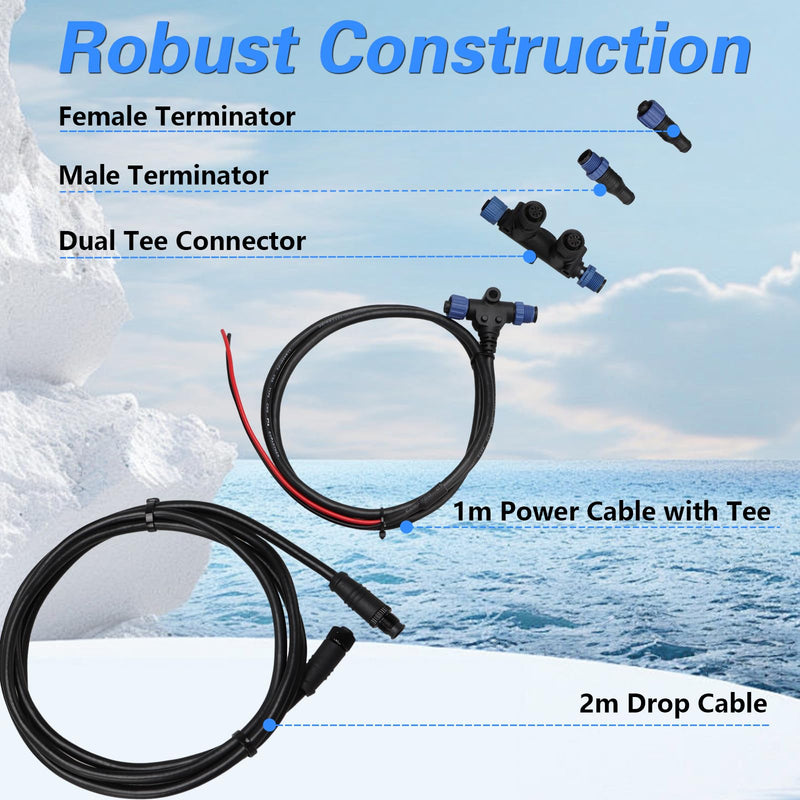 EVRBUL Marine Grade NMEA 2000 Starter Kit, NMEA 2000 Backbone Cables Drop Cables Dual Tee Connector Male/Female Terminators Compatible with Lowrance Simrad Garmin Device