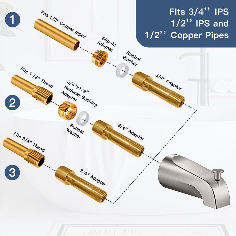 Brushed Nickel Bathtub Spout with Diverter, All Metal,5.3 Inch Tub Spout, Fits 1/2" Copper Slip-On and 1/2" or 3/4" IPS Threaded Pipes, Leak-Free, Slip Fit Tub Spout with Pull-Up Diverter Brushed Nickel