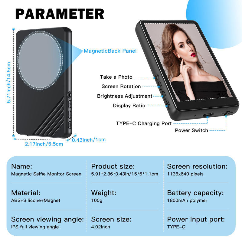 Back Camera Monitor iPhone,Newest Magnetic Phone Vlog Selfie Monitor Screen for Content Creator,Influencer and TikTok,Live Streaming,Compatible with iPhone & Android, Black