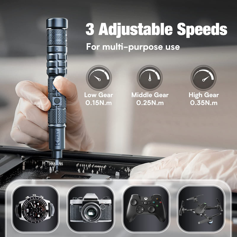 PKEY Mini Electric Screwdriver Set,Precision Electric Screwdriver， Cordless with 28 Precision Magnetic Bits, 3 Gears Torque, Overload Protection, Repair Tool Set for Phone Camera Laptop Watch CS0631A