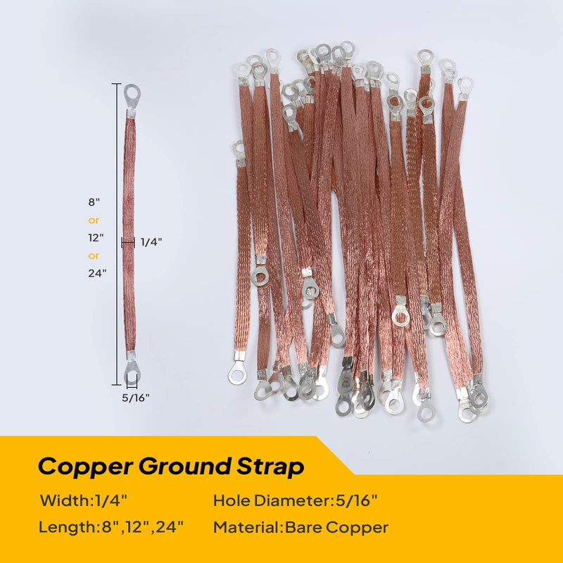 Braided Ground Straps Copper Automotive Grounding Wire Connection 1/4" Flat Width with 5/16" Rings Terminal Lugs (24inch-12pcs) 24inch-12pcs