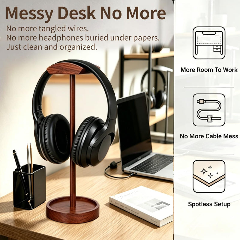Headphone Stand Nature Wood Headset Hanger Mount Hook Gaming Holder Desktop Earphone Artful Functional Stand for All Headsets with Solid Wooden Base Walnut Storage Base