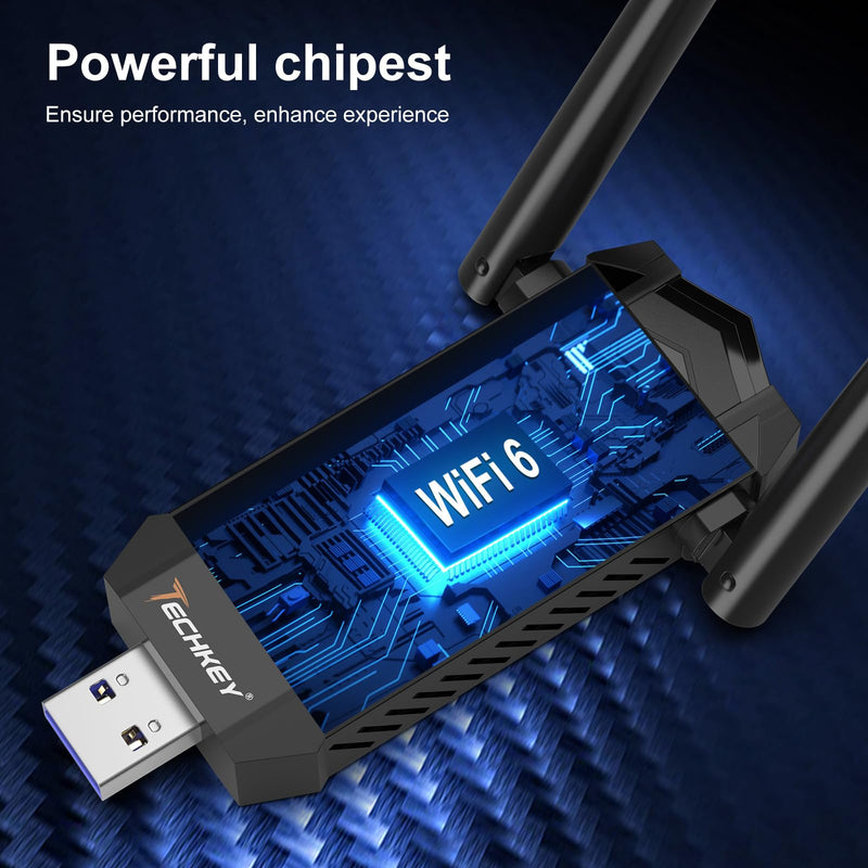 USB WiFi Adapter for Desktop PC - Techkey AXE5400 Mbps Dual 5Dbi High Gain Antennas WiFi 6E Wireless Dongle Network Adapter with Tri-Band 6GHz/5GHz/2.4GHz for Desktop Laptop Windows Only 11/10/8.1/8 5400Mbps Black