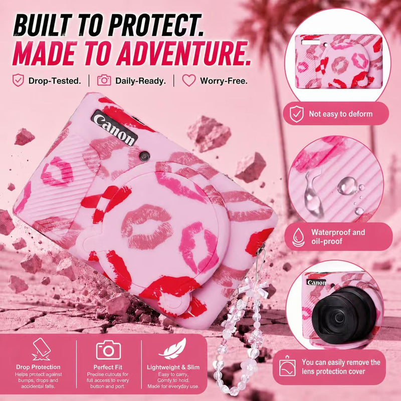 Cute Camera Case for Canon PowerShot SX740 HS/SX730 HS,Silicone Protective Cover with Removable Lens Cap,Wrist Strap & 2 Pack Tempered Glass Screen Protector for Women (Pink Lips) Pink Lips