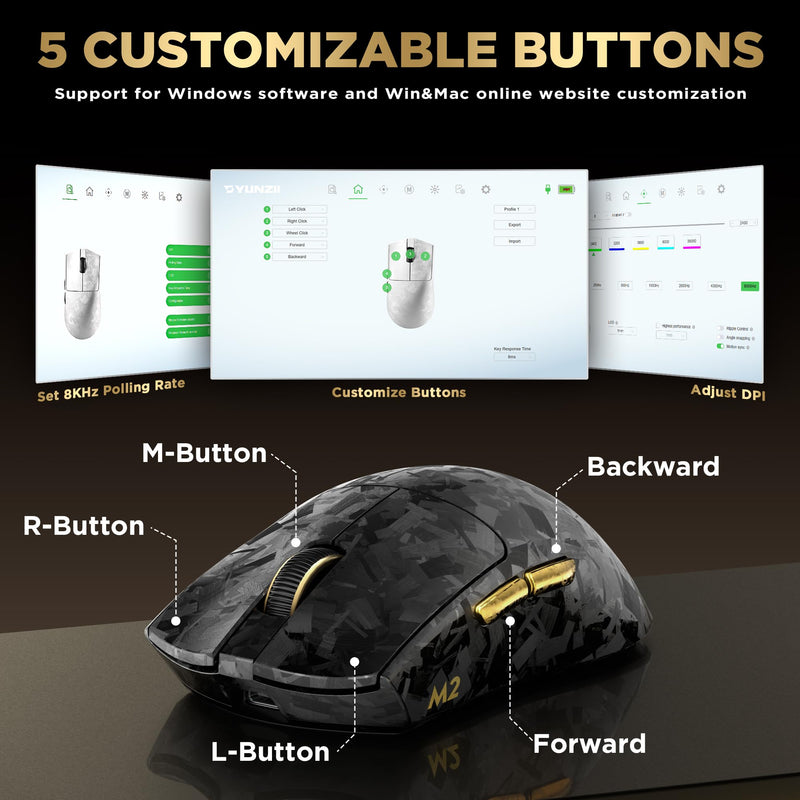 YUNZII M2 Dual 8K Wireless Gaming Mouse, PAW3395, 6-Level DPI(Black) | Carbon Fiber Decorative Pattern,Up to 30000 DPI,63g Ultra-Lightweight,Software and Web customization,Wired/BT/2.4GHz,500mAh Black