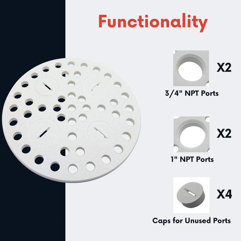 6.5 Inch Plastic Floor Drain Cover Replacement – Round Floor Drain Strainer with 4 Threaded Drain Ports, Includes Fittings, Basement & Garage Drain Grate Kit