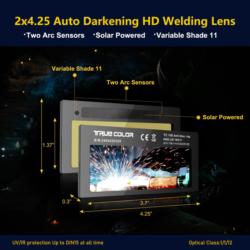 Gold Shade 11 Auto Darkening Welding Lens 2x4 1/4,True Color Blue Welding Lens,True Color Technology,Solar Charging,Fit Most Pancake and Pipeliner Welding Hoods,Auto Darkening Welding Lens 2x4.25 Gold Shade 11