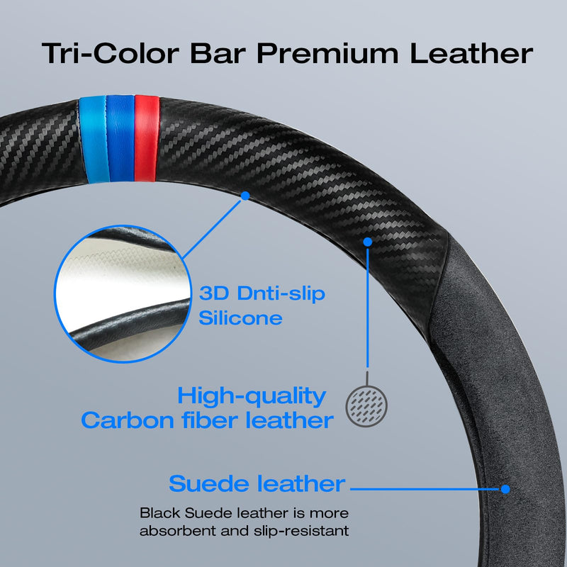 Carbon Fiber Steering Wheel Cover, Non-Slip and Sweat Absorbent, 15" Steering Wheel Covers for X5 X3 Men Women, Black (Black Suede ///) BLACK Suede ///
