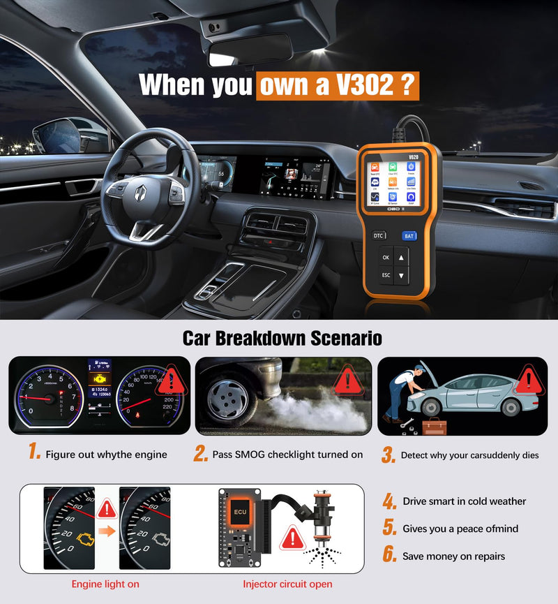 OBD2 Scanner with Upgrade Battery Tester - Diagnostic Tool for Cars That Check Engine Light & Emissions Readiness Read and Clears Vehicle Error Codes for All OBD II Protocol Vehicles Since 1996 orange