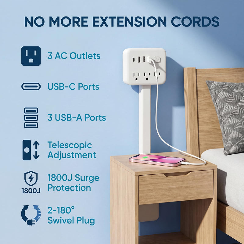 GIRAVO Extendable Outlet, Wall Plug Extension for Behind Couch, Sofa | 17.5-25.6in, 180 Degree Rotating Plug, 3 AC Outlets, 2 USB-A + 1 USB-C